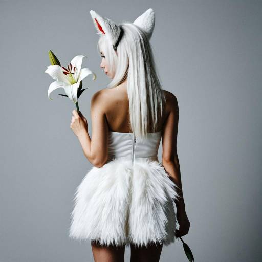 Woman in White Furry Costume Holding Lily