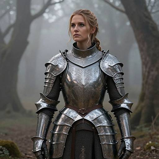 Photograph of a blonde woman in medieval silver armor standing in a misty forest, with trees blurred in the background.