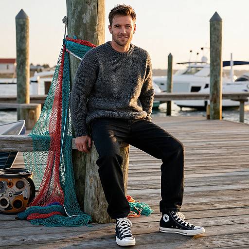 Photograph of a bearded man with short brown hair, wearing a gray knit sweater, black pants, and black sneakers, sitting on a wooden dock