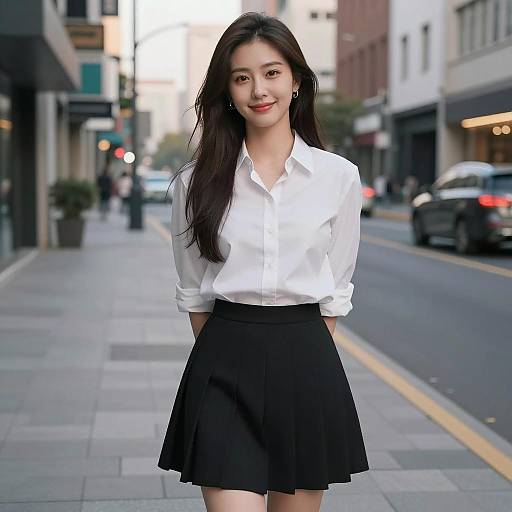 Elegant Asian Woman on City Sidewalk