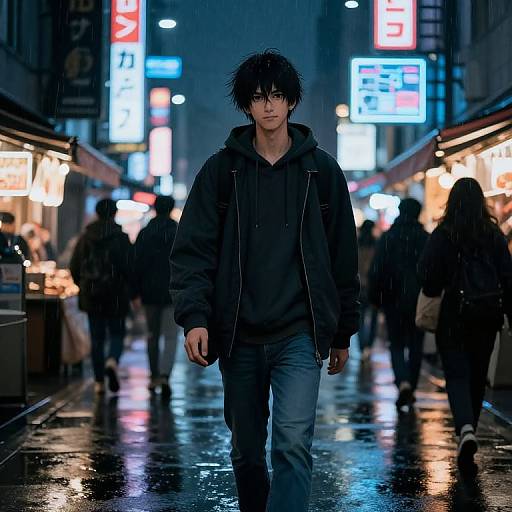 Anime-style photograph of a wet, rain-soaked urban street at night, featuring a young man with messy black hair, black hoodie, and jeans walking