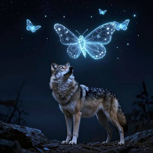 Photograph of a wolf gazing at glowing blue butterflies in a starry night sky, standing on rocky ground. Ethereal, magical scene.