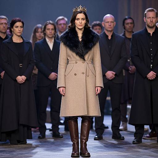 Photograph of a dark-haired model in a beige coat with black fur collar, brown knee-high boots, and silver tiara, standing center-stage in