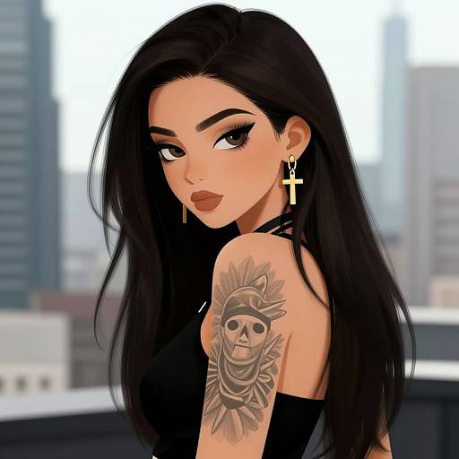 Digital illustration of a dark-haired woman with dramatic makeup, wearing black clothing and gold earrings, showing a detailed skull tattoo on her left shoulder against a blurred