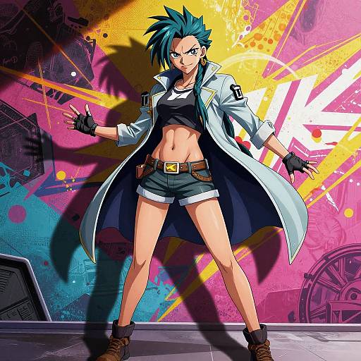Digital anime-style drawing of a confident, blue-haired woman in a white coat, black crop top, and shorts, with gloves, against a vibrant,