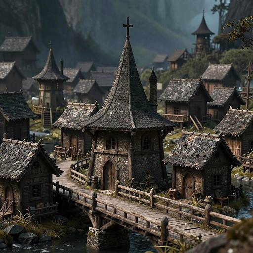 Photorealistic CGI of a medieval village with rustic stone cottages, thatched roofs, wooden bridges, and a misty, mountainous background.