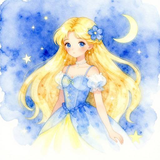 Watercolor Fantasy Girl with Celestial Elements