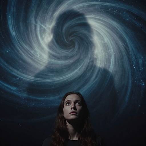Photograph of a young girl with long brown hair, gazing upwards at a swirling, cosmic galaxy backdrop in deep blue hues.