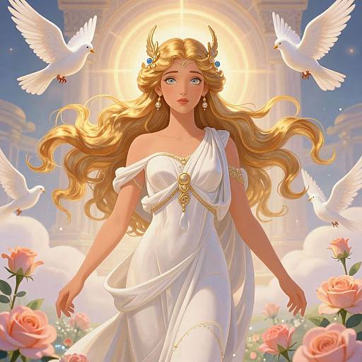 Digital painting of a blonde, fair-skinned goddess with long flowing hair, wearing a white, off-shoulder dress, surrounded by white doves