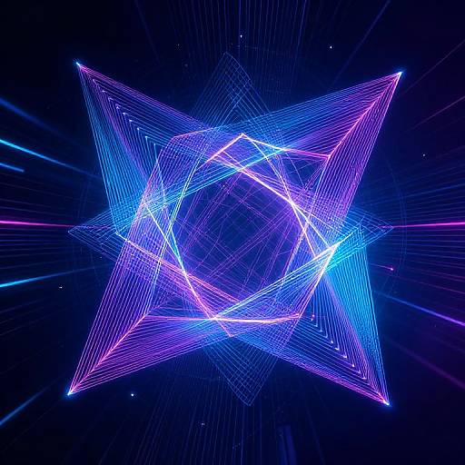 Neon blue and purple digital geometric starburst with intersecting lines and glowing circular center against a dark, starry background.
