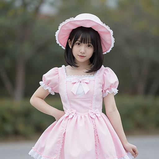 Photograph of an Asian woman with black bob haircut, wearing a pink Victorian-style dress and matching wide-brimmed hat, standing outdoors with blurred green