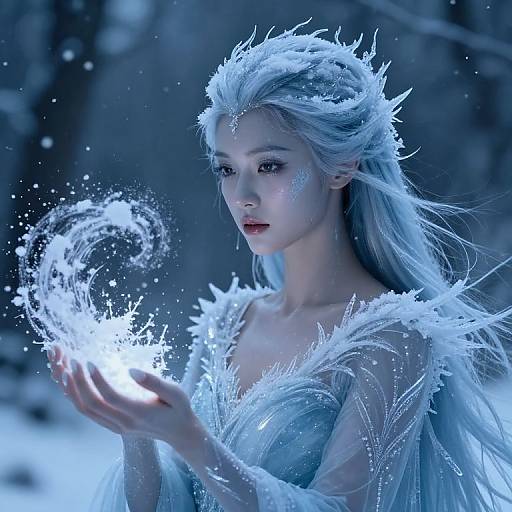 Digital art of a beautiful, ethereal, ice-blue-haired elf woman conjuring a glowing, snow-like orb with delicate, frosty attire in a
