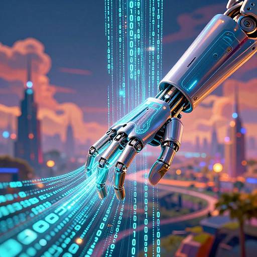 Digital CGI of a futuristic metallic robotic hand emitting blue binary code, set against a vibrant, neon-lit cityscape at sunset.