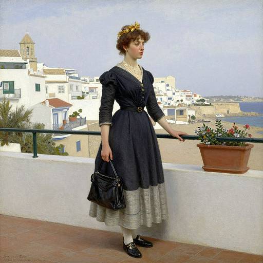 Victorian-era woman in black dress and hat, holding bag, standing on balcony with Mediterranean coastal town and sea in background.