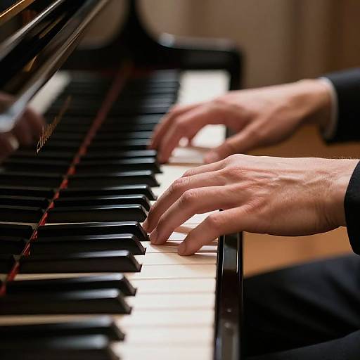 Photograph of male hands playing black and white piano keys, focusing on fingers mid-note, with a blurred background.