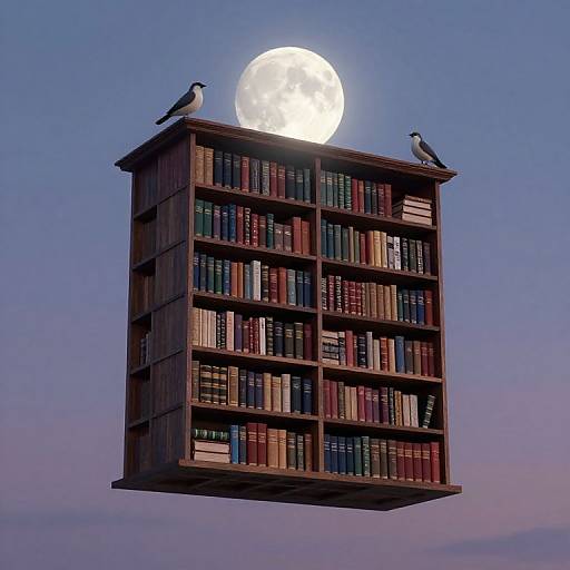 Photograph of a wooden bookshelf floating in the sky, illuminated by a full moon, with two birds perched on top.
