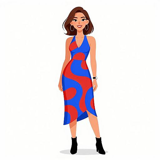Digital illustration of a smiling woman with brown hair, wearing a blue dress with red circular patterns, black ankle boots, and hoop earrings, standing against a