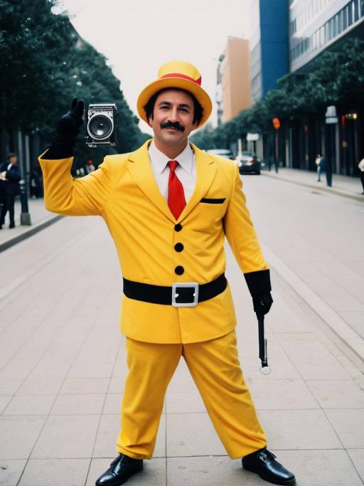 Man in Yellow Costume Holding Vintage Camera