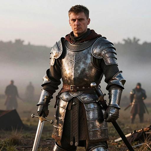 Medieval Warrior in Steel Armor on Misty Battlefield