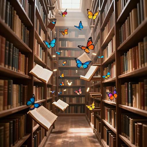 Photograph of a library aisle with wooden bookshelves, colorful butterflies, and floating open books, creating a whimsical, magical atmosphere.