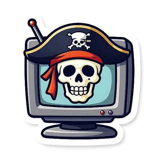 Cartoon-style illustration of an old TV with a pirate hat, skull emblem, red bandana, and antenna on its screen.
