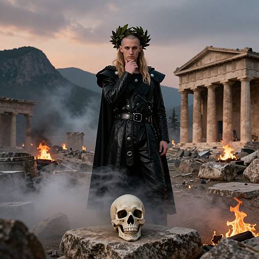 Contemplative Warrior Amidst Ancient Ruins