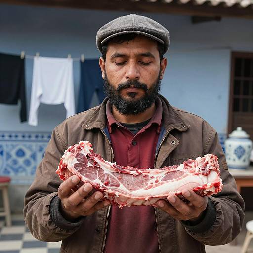 Man with Meat in Outdoor Setting