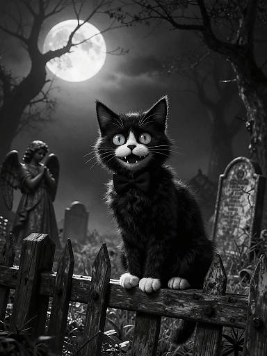 Whimsical Spooky Cat in Graveyard