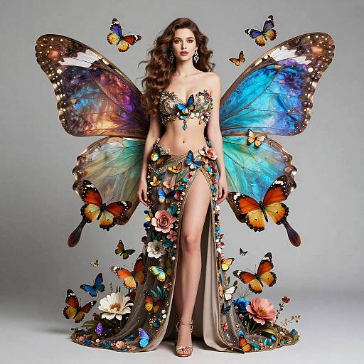 Photograph of a woman with long brown hair, wearing a vibrant, butterfly-themed lingerie set and fairy wings, surrounded by floating butterflies, against a gray