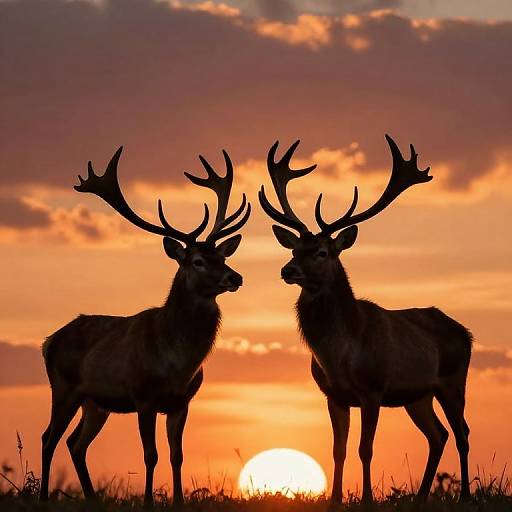 Photograph of two majestic deer with large antlers silhouetted against a vibrant orange and purple sunset, with the sun partially hidden behind them.