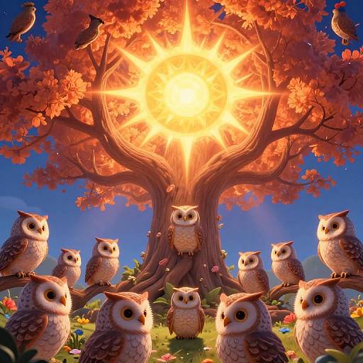 Magical Owls Under Radiant Tree
