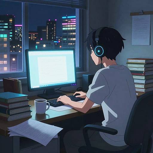 Anime-style digital artwork of a boy with black hair, headphones, white shirt, working at a desk at night, cityscape view.