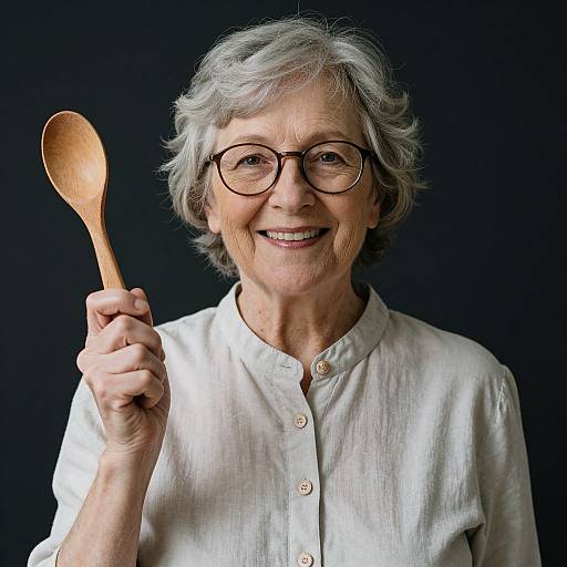 Photograph of an elderly woman with short gray hair, glasses, and a white button-up shirt, smiling and holding a wooden spoon against a dark background