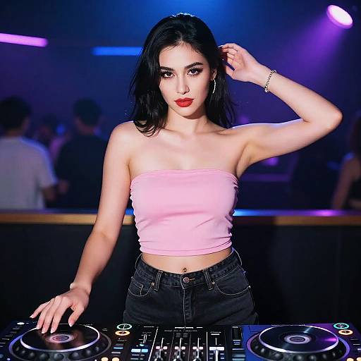Photograph of a young woman with pale skin, black hair, red lipstick, wearing a pink strapless top and black jeans, DJing in a