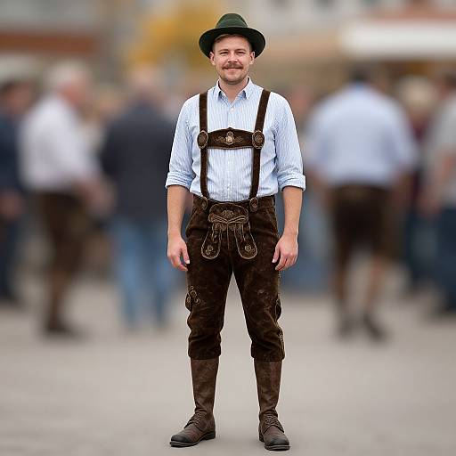 Photograph of a smiling man in a green hat, white striped shirt, brown suspenders, and leather pants, standing in a blurred outdoor crowd.