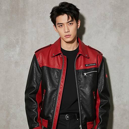 Young Man in Red and Black Leather Jacket