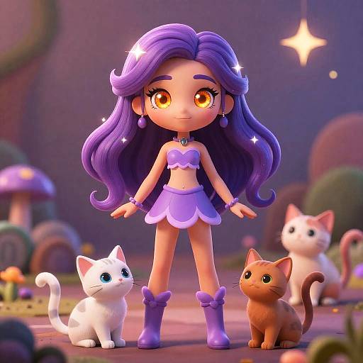 Whimsical Girl with Amethyst Hair and Kittens