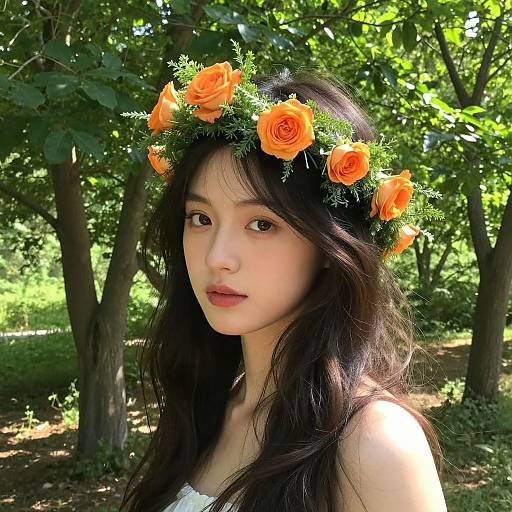 Photograph of an East Asian woman with long black hair, wearing an orange rose and green leaf crown, standing in a sunlit, green forest.