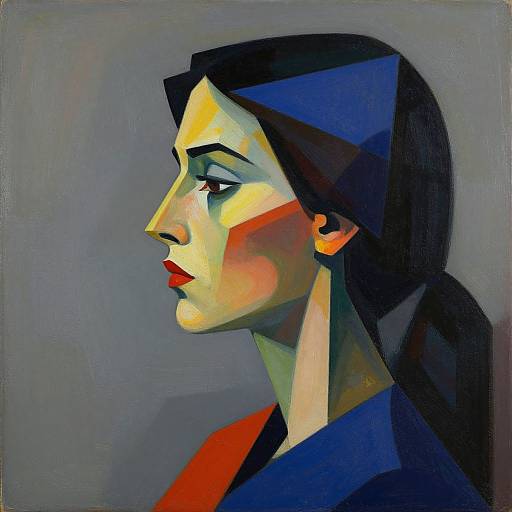 Digital painting of a profile view of a woman with angular features, red lips, dark hair, and vibrant blue, yellow, and red colors, set