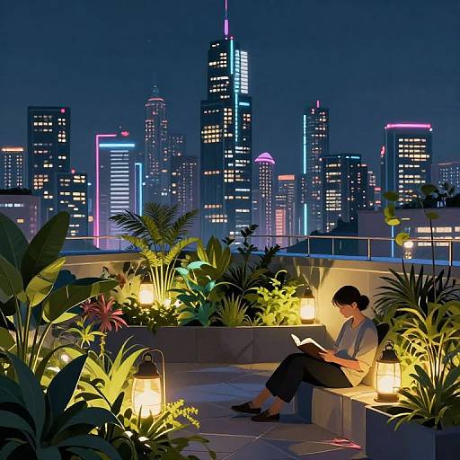 Digital illustration of a person with short black hair, wearing a white shirt and black pants, reading on a rooftop at night, surrounded by glowing plants,