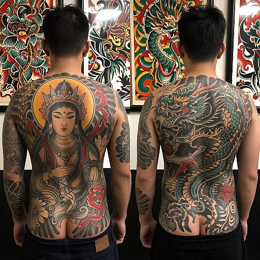 Photograph of a muscular Asian man with extensive colorful tattoos on his back, featuring a goddess and dragon, standing in front of vibrant stained glass windows.