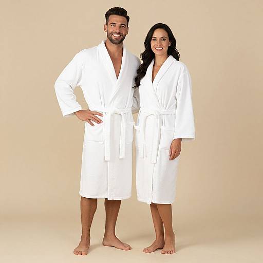 Photograph of a smiling bearded man and woman in white bathrobes, standing barefoot against a plain beige background.