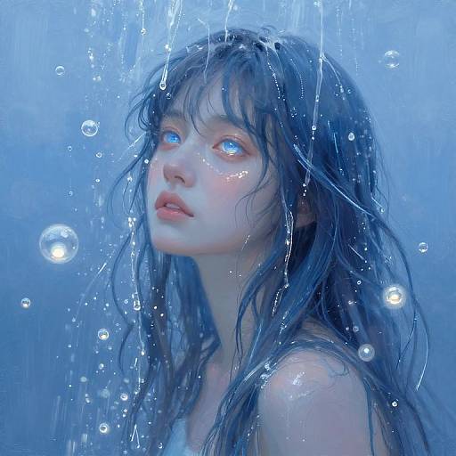 Digital art of a pale-skinned, blue-eyed woman with wet, dark blue hair, surrounded by water droplets in a blue-tinted underwater