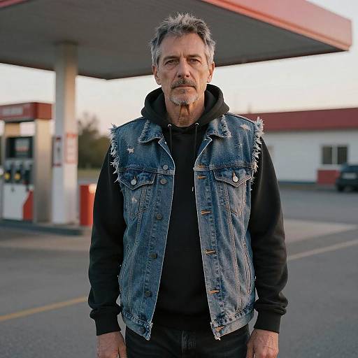 Photograph of a middle-aged man with gray hair and beard, wearing a black hoodie and spiked denim vest, standing in front of a gas station at