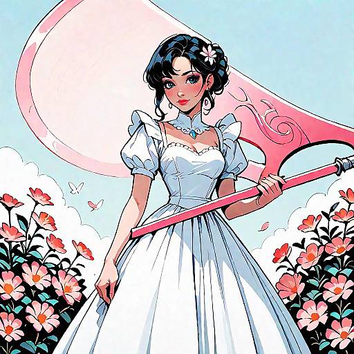 Digital anime-style illustration of a beautiful woman in a white wedding dress holding a pink sword, surrounded by blooming flowers.