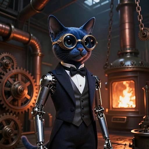 Digital artwork of a blue anthropomorphic cat with metallic limbs, wearing a black tuxedo and round glasses, standing in a steampunk factory with