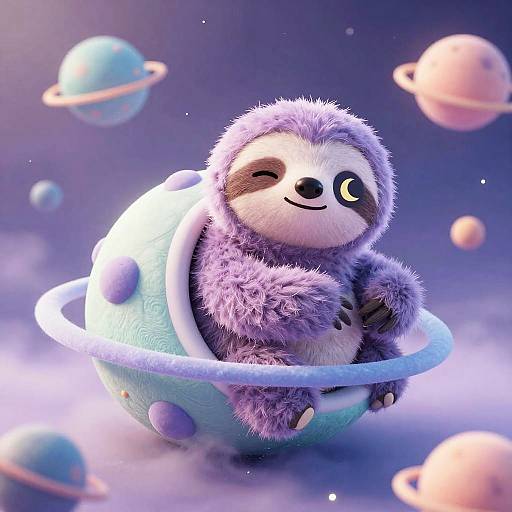 Kawaii Space Sloth with Floating Planets