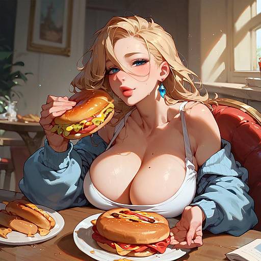 Blonde Woman Enjoying Burger at Table