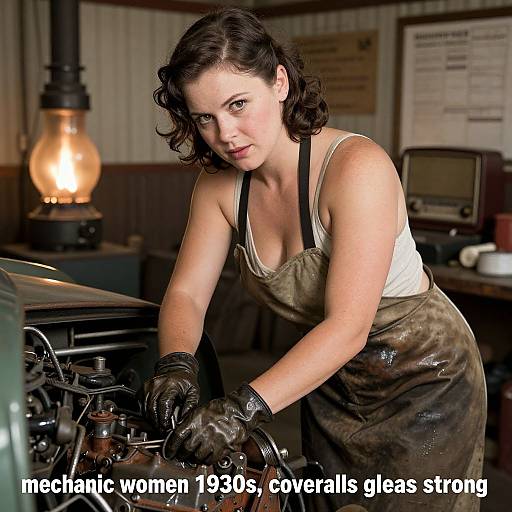 Photograph of a 1930s mechanic woman with dark, wavy hair, wearing a beige apron over a white tank top, black gloves