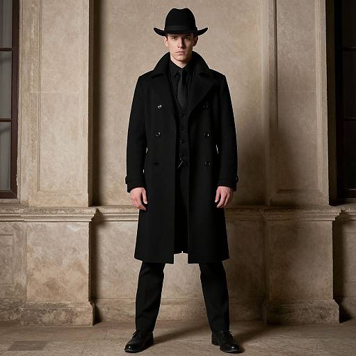 Photograph of a white man in a black overcoat, black hat, and black tie, standing against a stone wall. Moody, dramatic lighting.